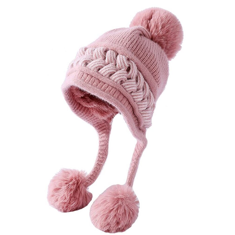 9369 Winter Warm Beanie Knit Fur Lining Ear Flaps Cozy Cap Pompom Hat Pink